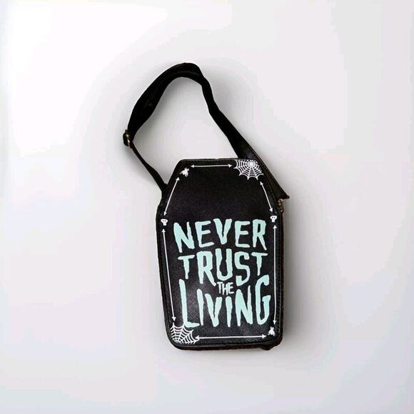 Never Trust The Living Coffin Purse Gothic Halloween Crossbody Handbag NEW - Picture 2 of 5